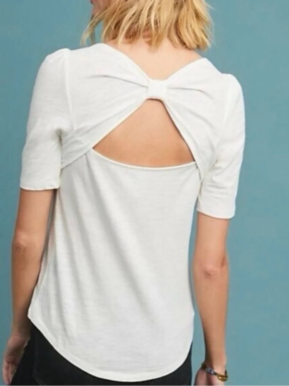 Meadow Rue Anthropologie White Bow Back Tee Puff Sleeve Top Size Small